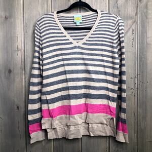 C&C California Tan, gray & pink Striped V-neck sweater, XS